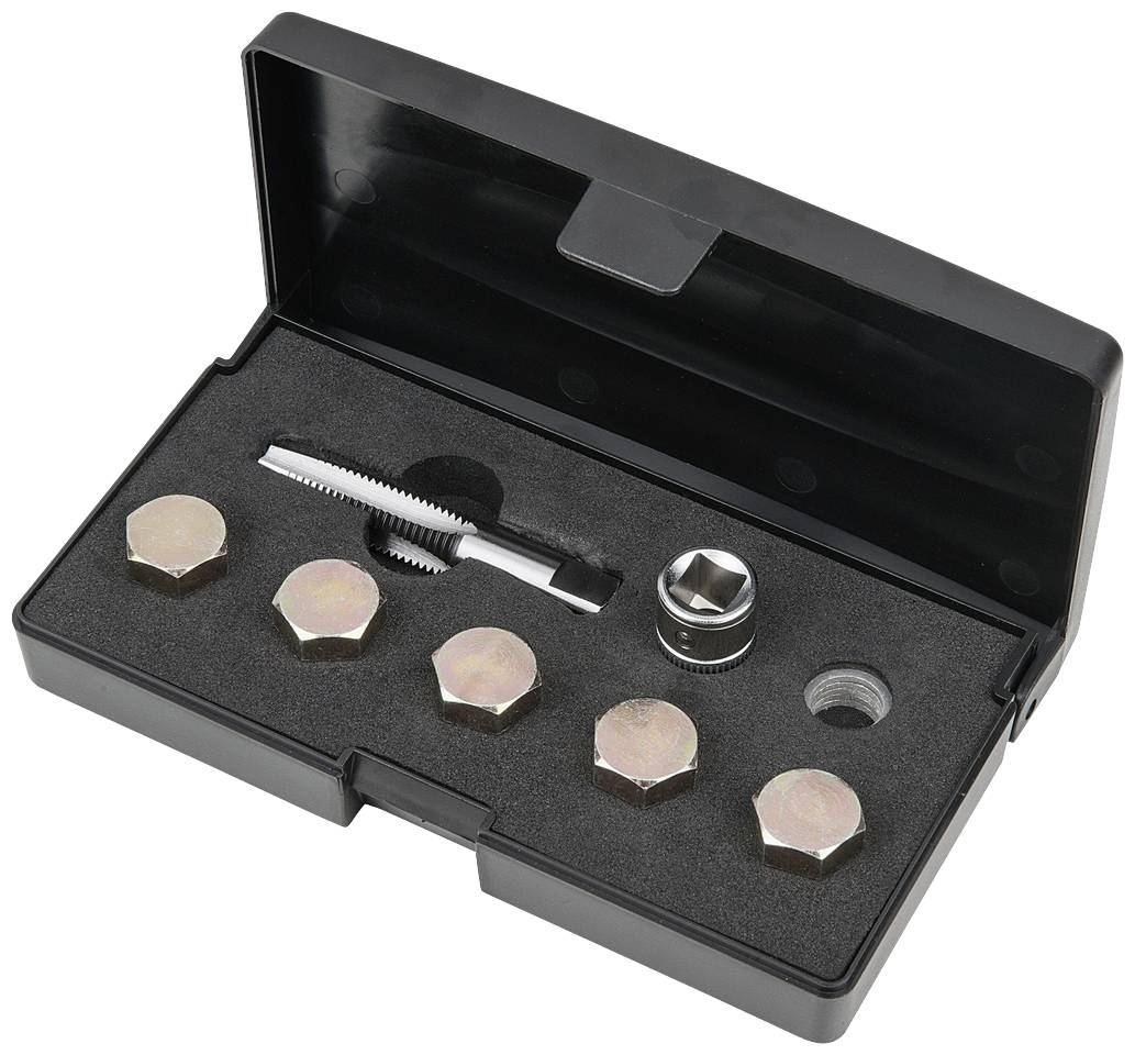 Ein Set mit sechs runden Gewindeschneidköpfen und einem Gewindebohrer in einer schwarzen Box mit Schaumstoffeinlage.
