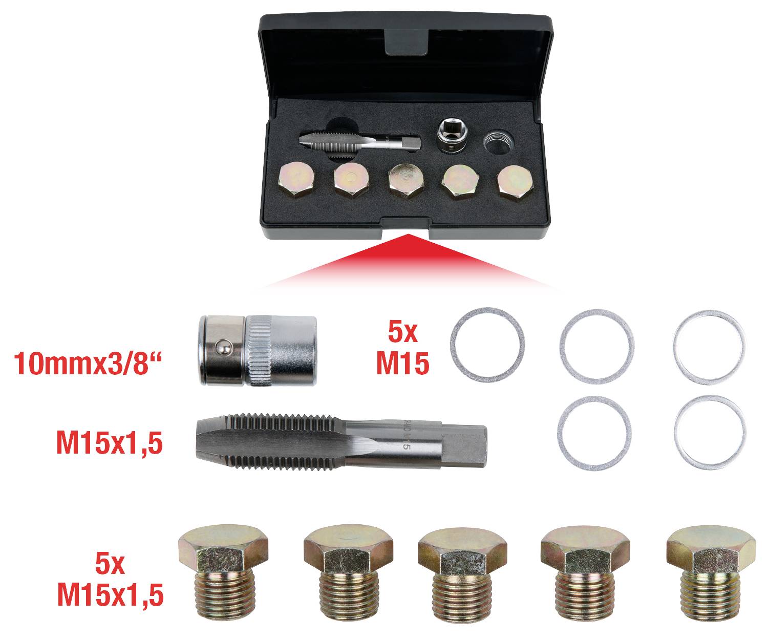 Satz von Metallteilen und Werkzeugen in einer schwarzen Box: Gewindebohrer, Einsatz, Unterlegscheiben, Stecker mit Maßen M15 und M15x1,5.