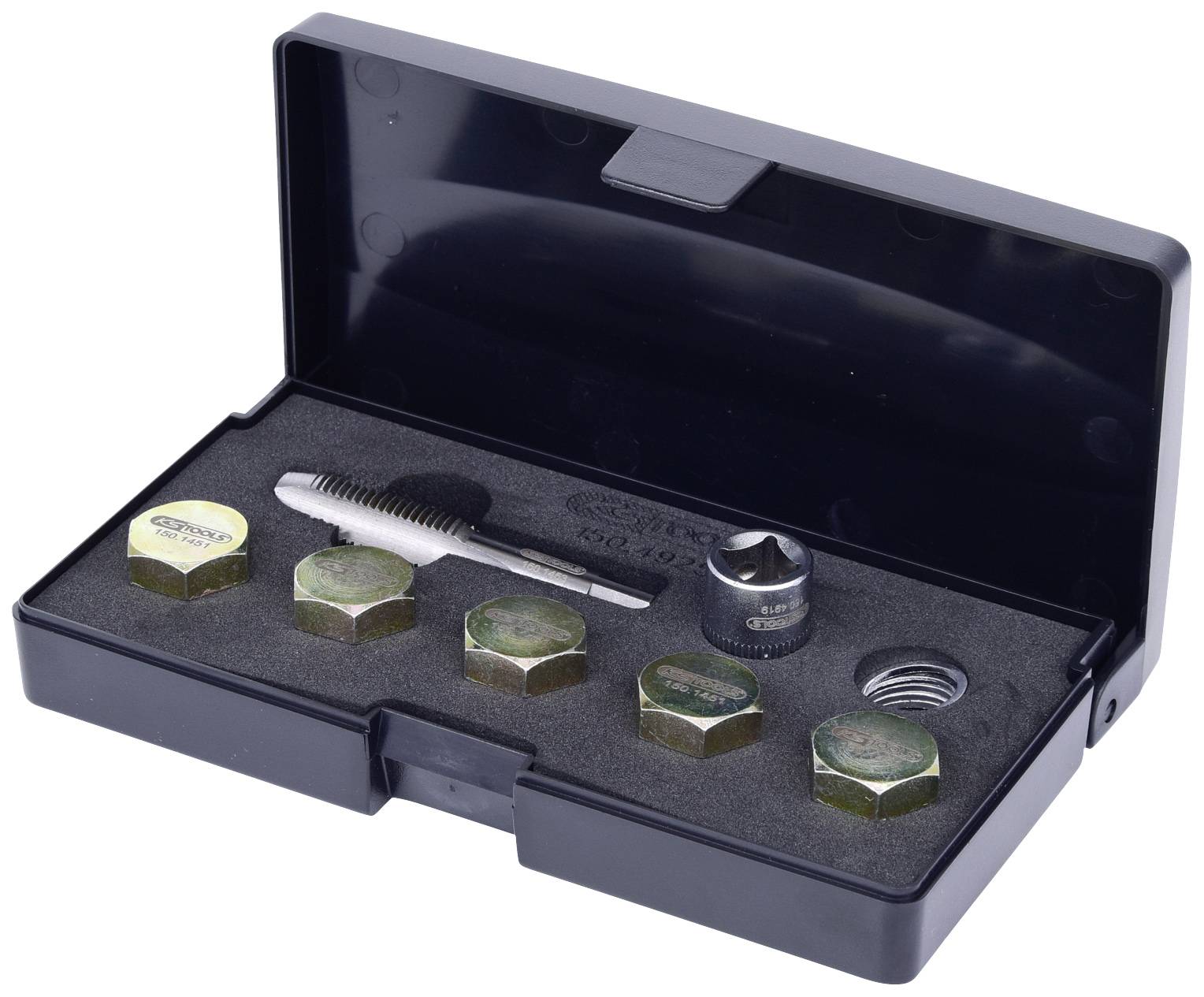 Satz mit Schraubenausdreher und Sechskantmuttern in schwarzem Etui.