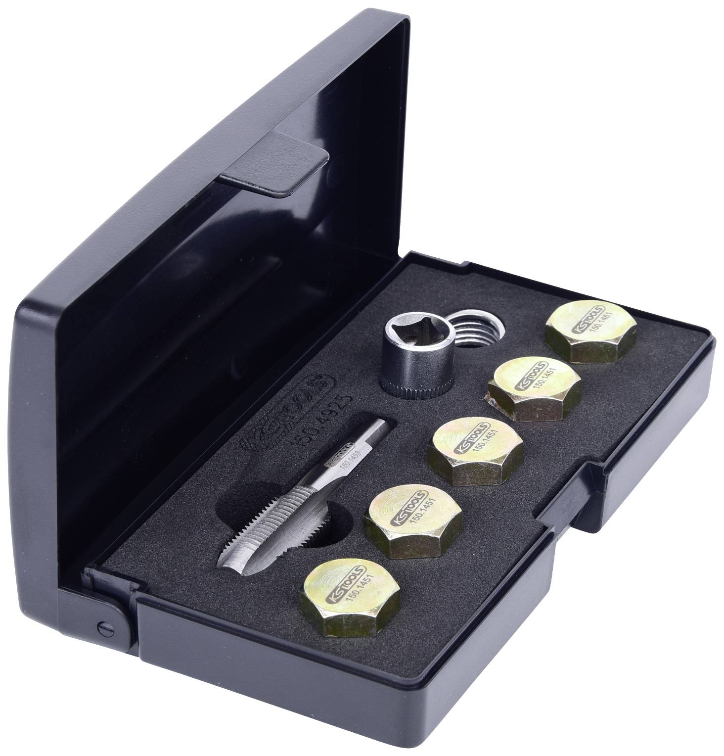 Ein offener schwarzer Koffer mit sechs goldfarbenen Radmuttern, einem Ring, einem Adapter und einem Schraubenschlüssel zur Diebstahlsicherung.