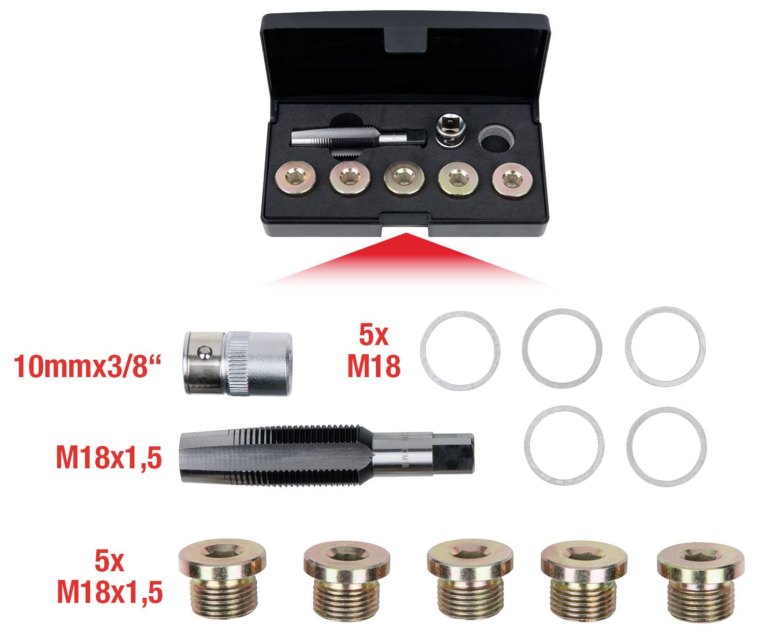 'Entlüftungsset' mit fünf M18-Adapterringen, einem Gewindebohrer M18x1,5 und einem 10mmx3/8“ Adapter in schwarzer Box.