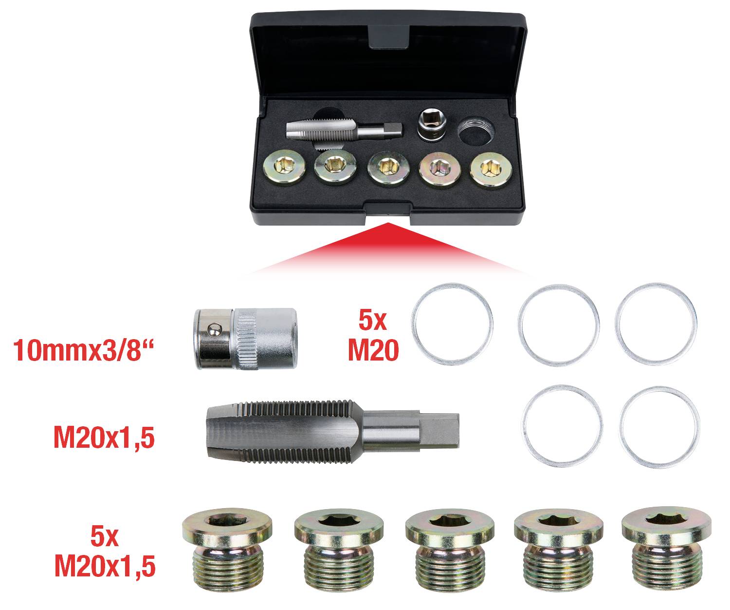 Ein Set von Ölwannenreparaturwerkzeugen mit Gewindebohrer, Adapter, Dichtungen und Verschlussstopfen in verschiedenen Größen.