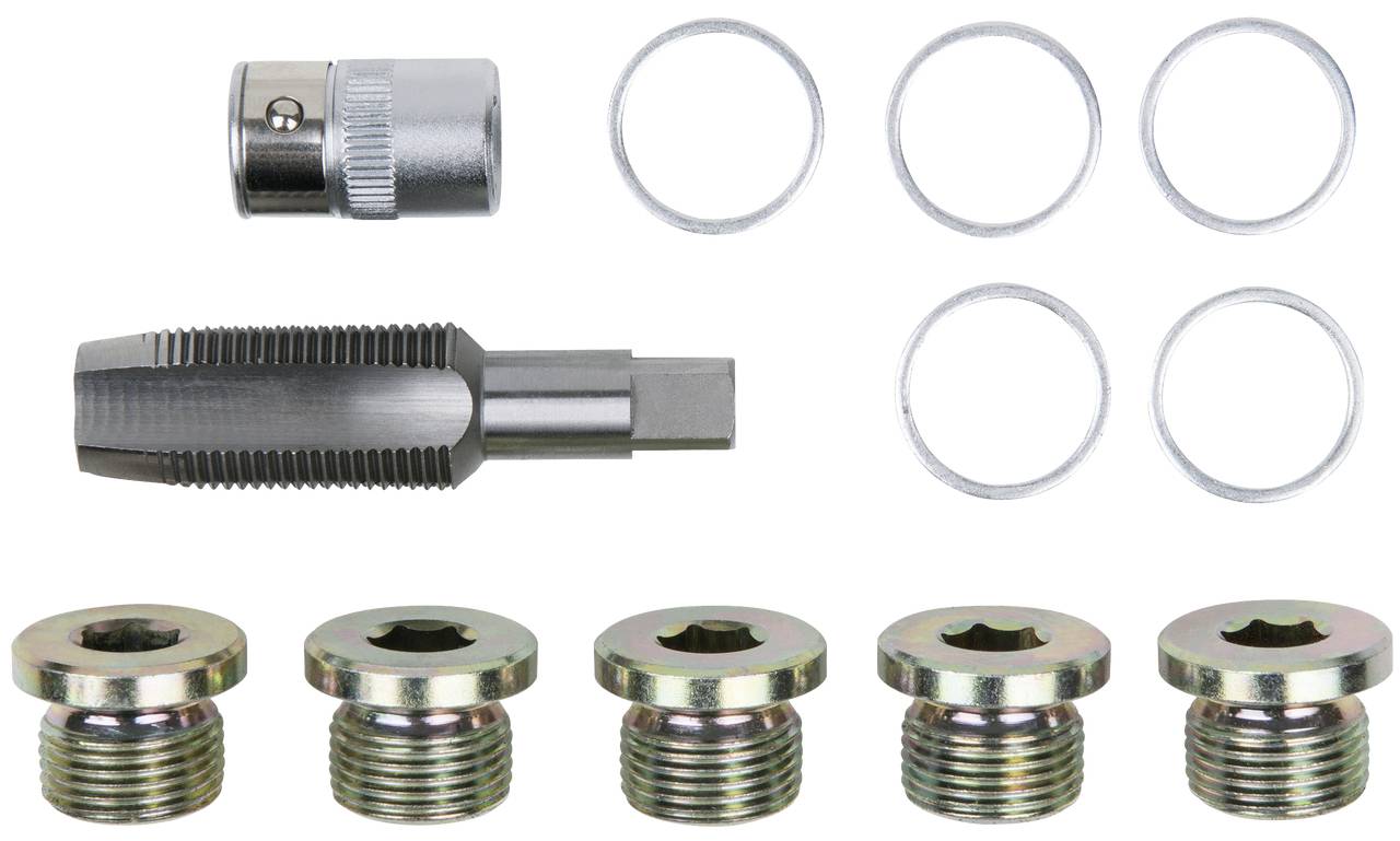 Ein Gewindereparatur-Set mit Gewindebohrer, Adapter und sechs Metallringe. Verwendet zur Reparatur oder Erneuerung von Gewinden.