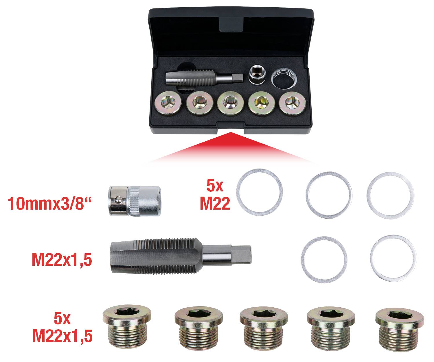 Set bestehend aus einem Gewindebohrer, Adapter und fünf Hohlschrauben M22 und M22x1,5, mit zugehörigen Dichtungen, in einer schwarzen Box.