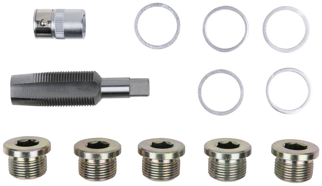 Ein Set bestehend aus einem Gewindebohrer, einem Adapter, vier Unterlegscheiben und vier Buchsen, die zur Reparatur von Zündkerzengewinden verwendet werden.