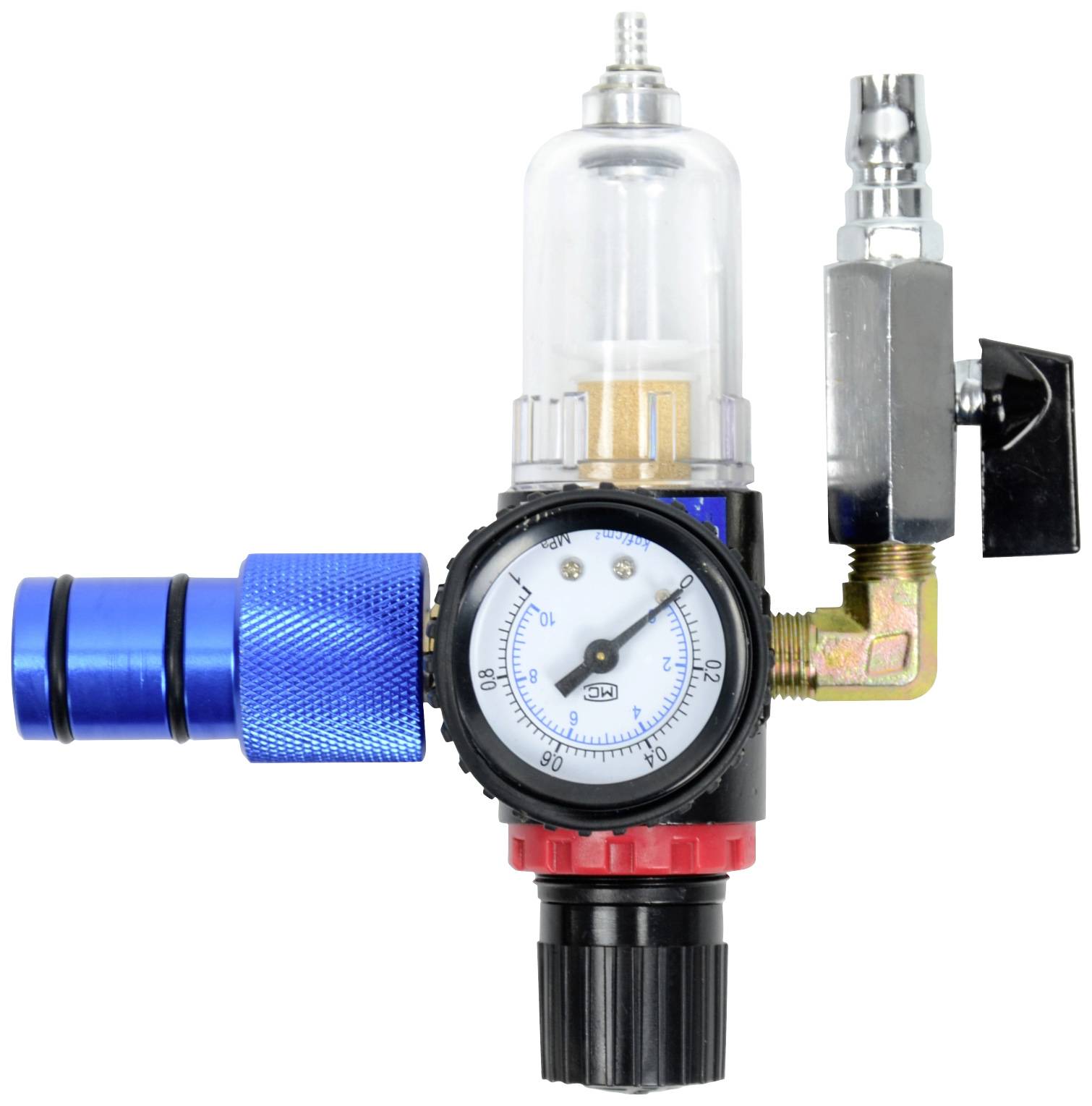 Druckregler mit Manometer und blauer Anschlusskupplung. Hauptsächlich in Druckluftsystemen zur Druckregulierung eingesetzt.
