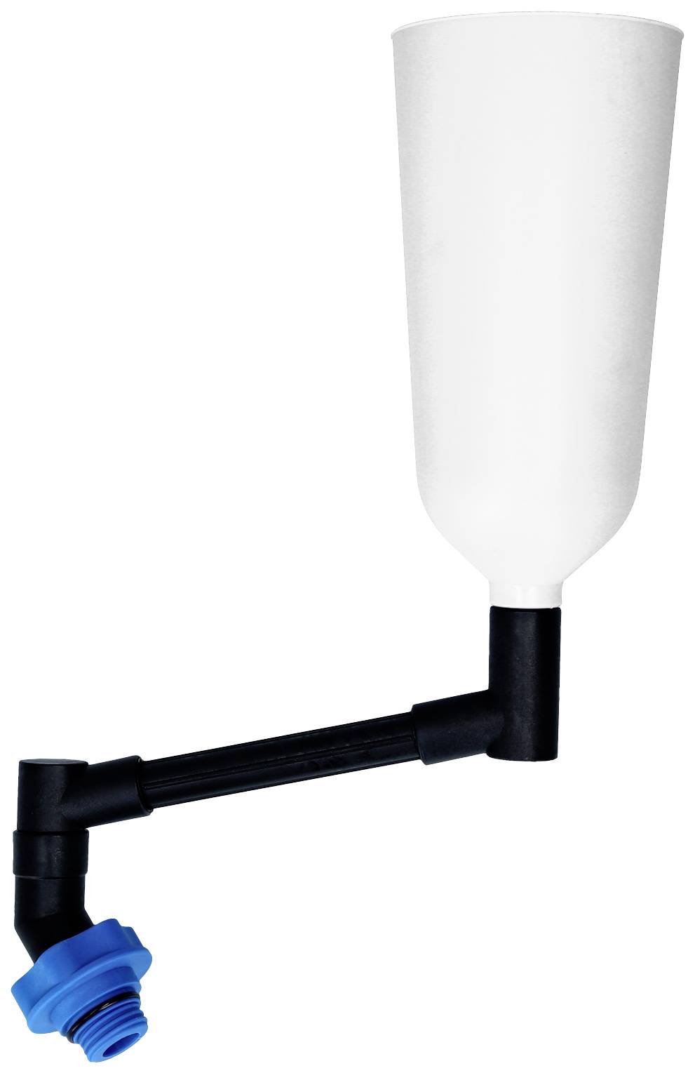 Ein weißer Wassertrichter mit blauem Ventilanschluss und schwarzem Arm, verwendet zur automatischen Befüllung von Behältern.