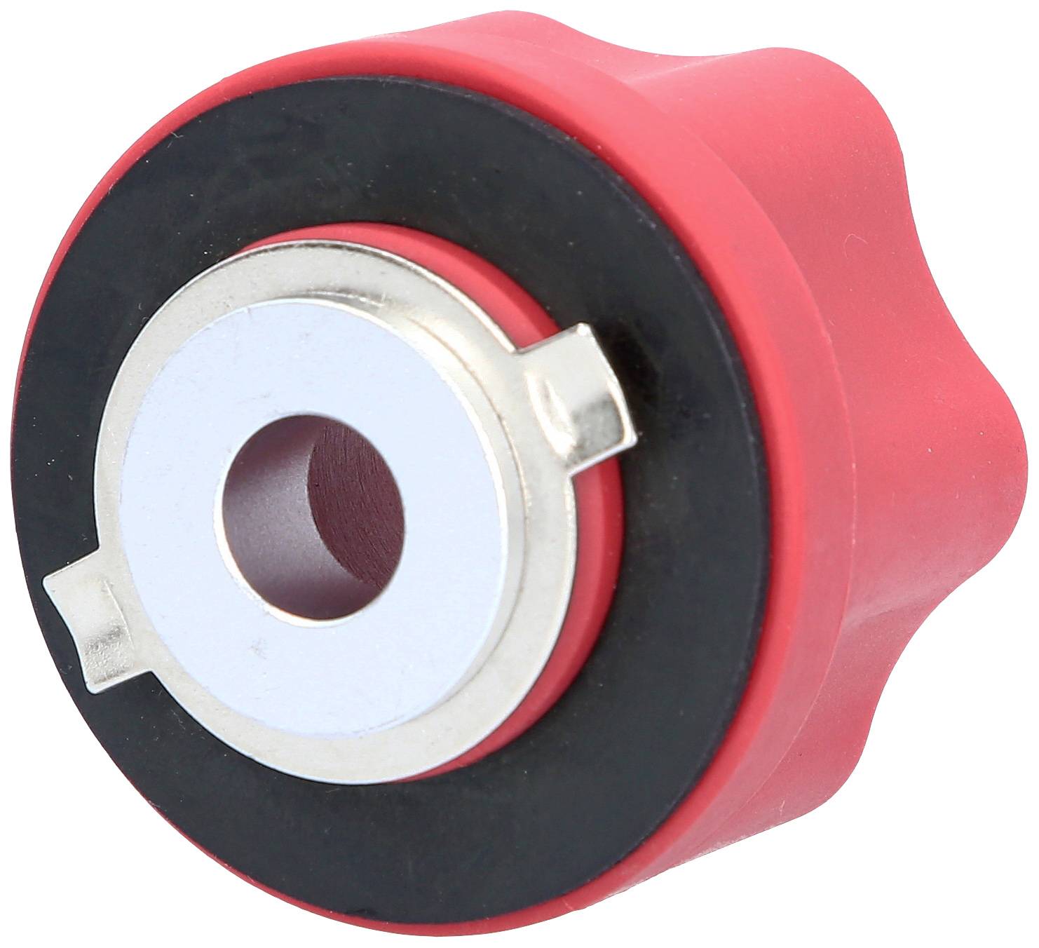 Ein rotes und schwarzes mechanisches Teil mit silbernen Details, wahrscheinlich ein Dämpfungs- oder Verbindungselement.