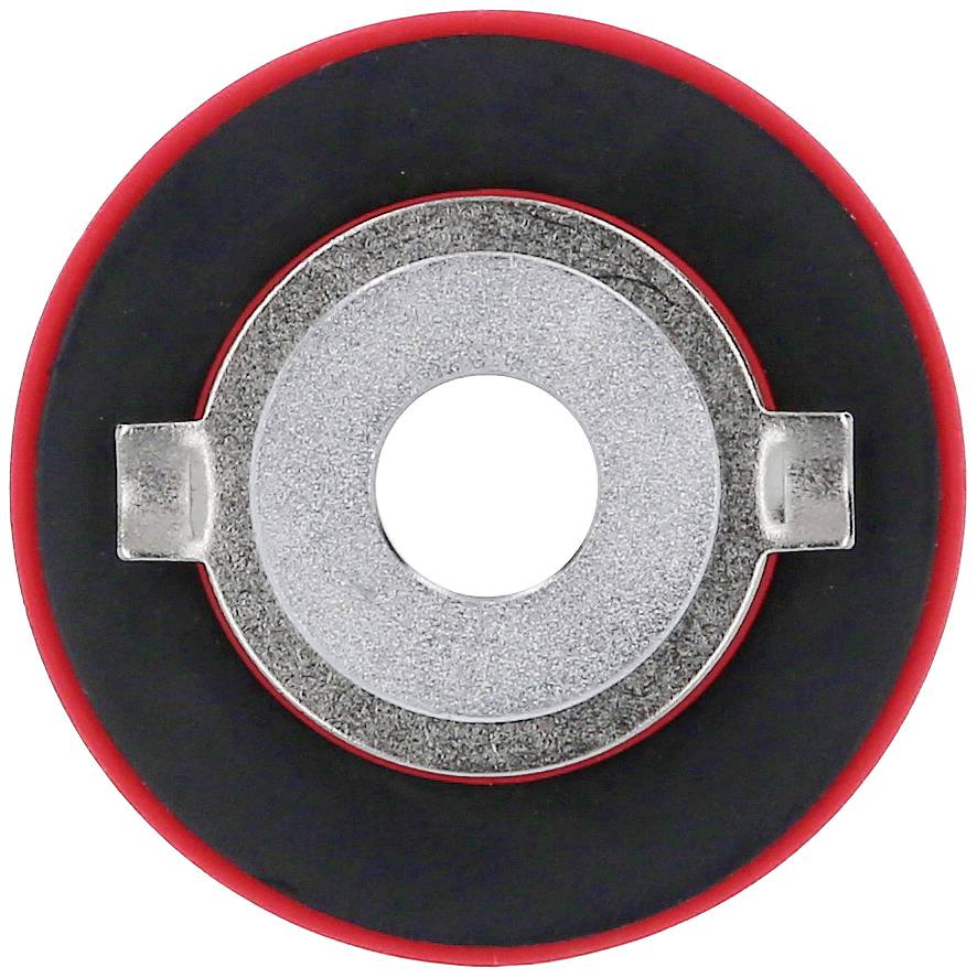 Metallscheibe mit rotem, schwarzem und grauem Ring. Zentrales Loch und zwei seitliche Erhebungen.