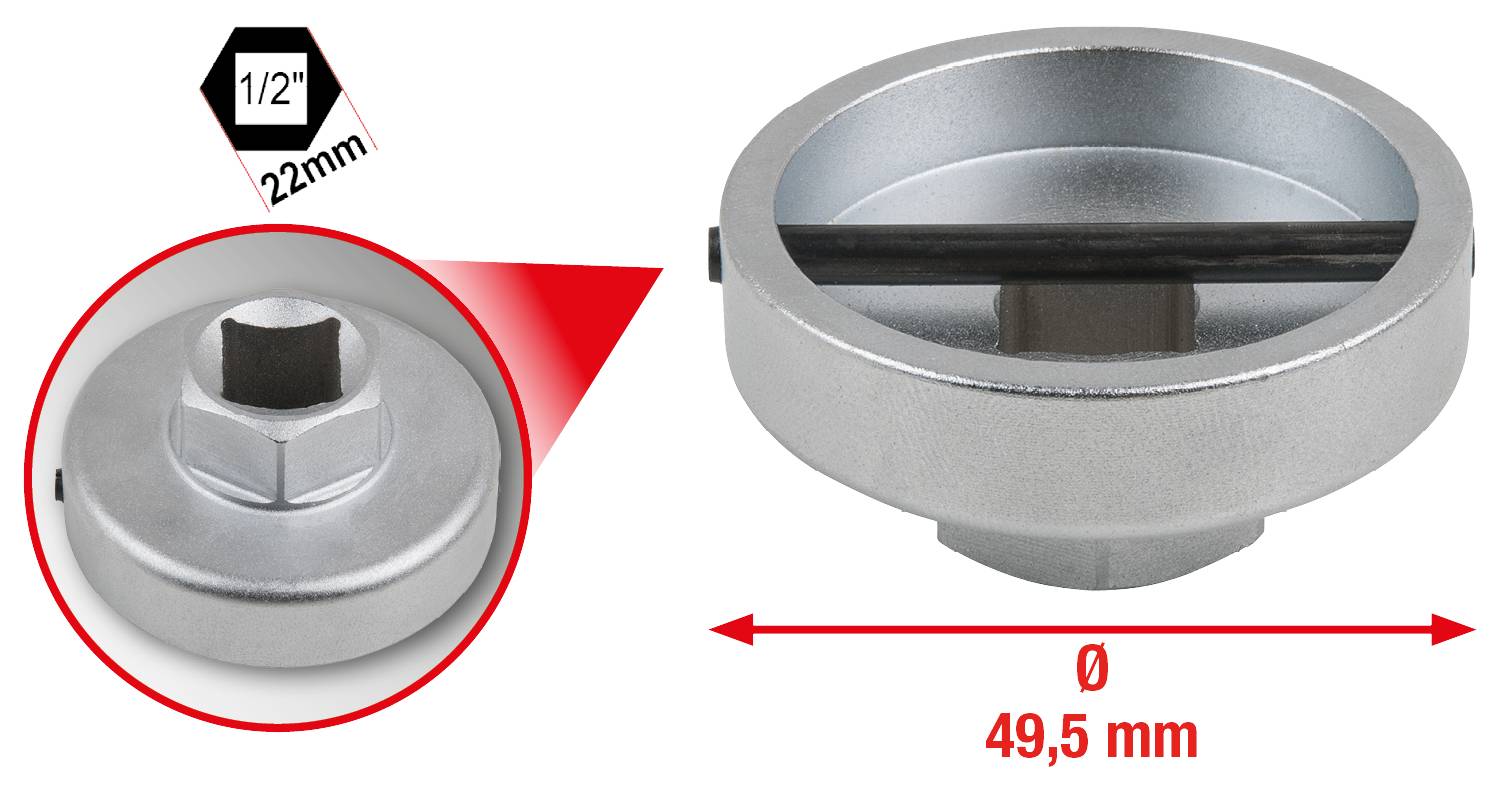 Ölfilterschlüssel, 49,5 mm Durchmesser, 1/2 Zoll Antrieb, 22 mm Sechskant.