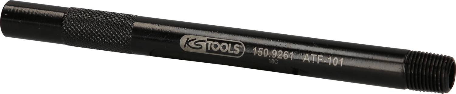 Ein schwarzer Stahlbolzen mit Gewinde an beiden Enden, auf dem 'KS Tools 150.9266 M-ATF-101' steht, vor weißem Hintergrund.
