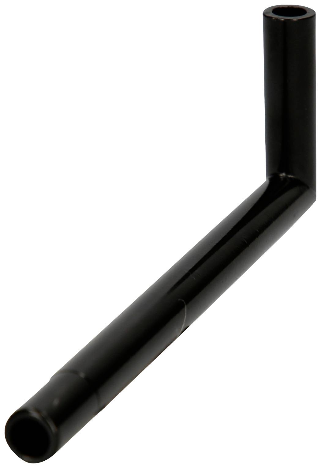 Ein schwarzes, L-förmiges Rohr, das hohl ist und aus Kunststoff besteht.