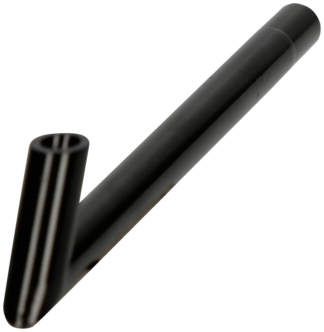 Schwarzes, gebogenes Metallstück mit zylindrischer Form und einem 90-Grad-Winkel. Könnte ein Rohr oder ein mechanisches Bauteil sein.