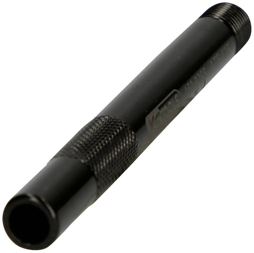 Ein schwarzer, zylindrischer Metallstift mit Rändelung und Gewinde an beiden Enden liegt schräg auf einer weißen Fläche.