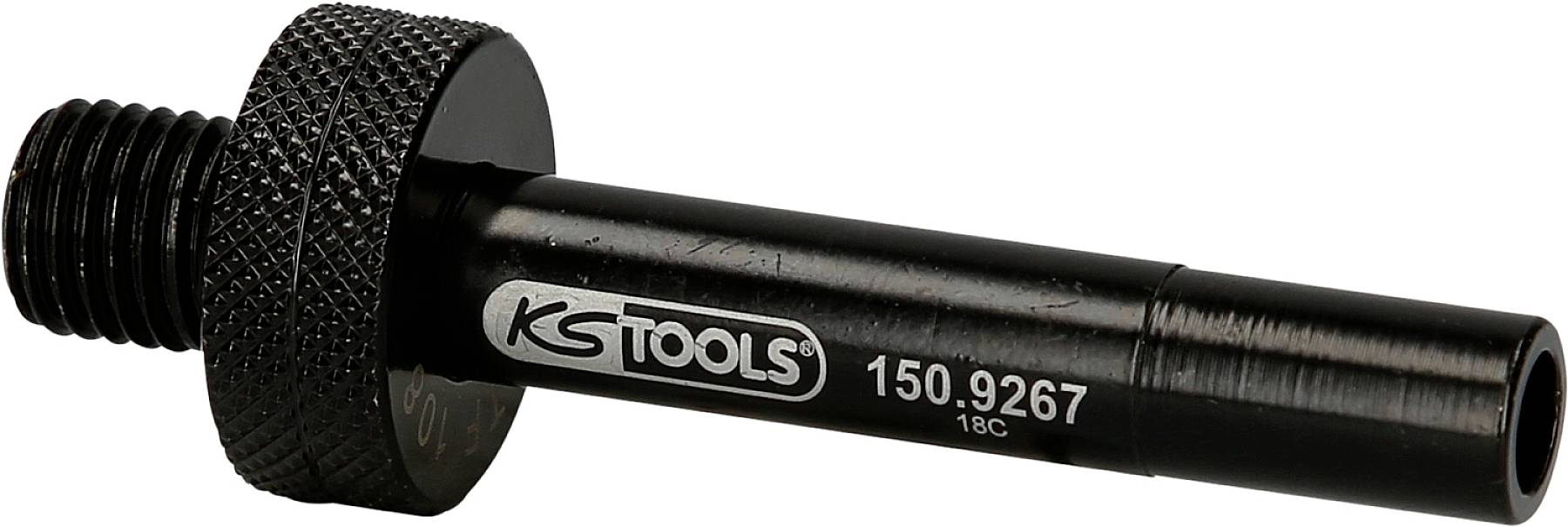 Schwarzer Schraubadapter von KS Tools, Modellnummer 150.9267, mit gerändeltem Griff und Gewinde an einem Ende.