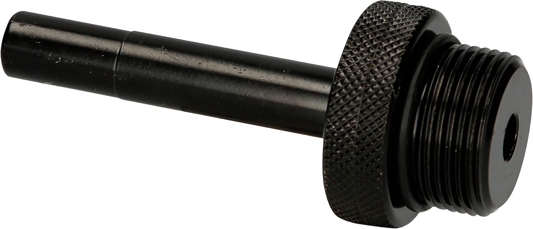Ein schwarzer Metalladapter mit einem geriffelten Griff und einem langen, zylinderförmigen Ende. Verwendet für Maschinenanschlüsse.