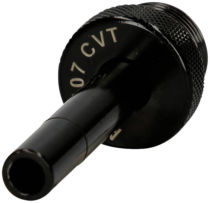 Ein schwarzes Autoventiladapter, zylindrisch mit geriffeltem Rand, beschriftet mit '07 CVT', für Reifendruckmessung oder Entlüftung.