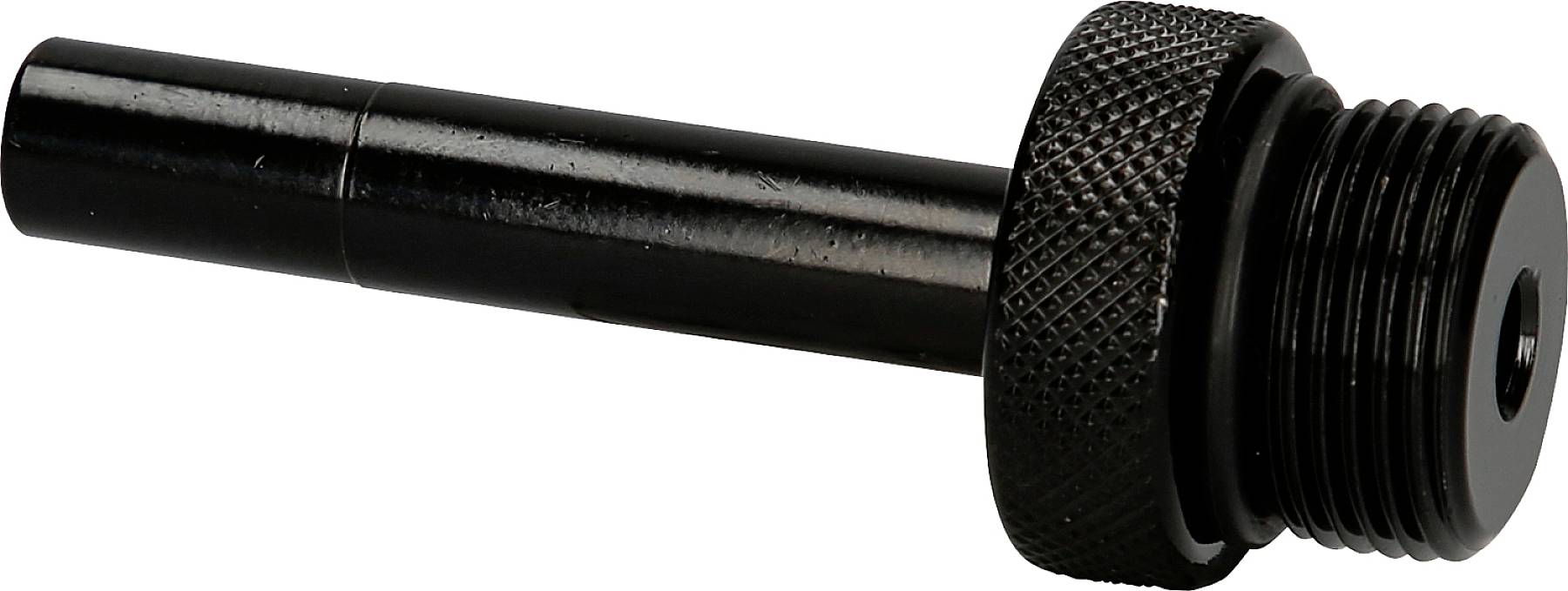 Ein schwarzer Metalladapter mit Rändelschraube, möglicherweise ein Anschlussstück für technische oder industrielle Anwendungen.