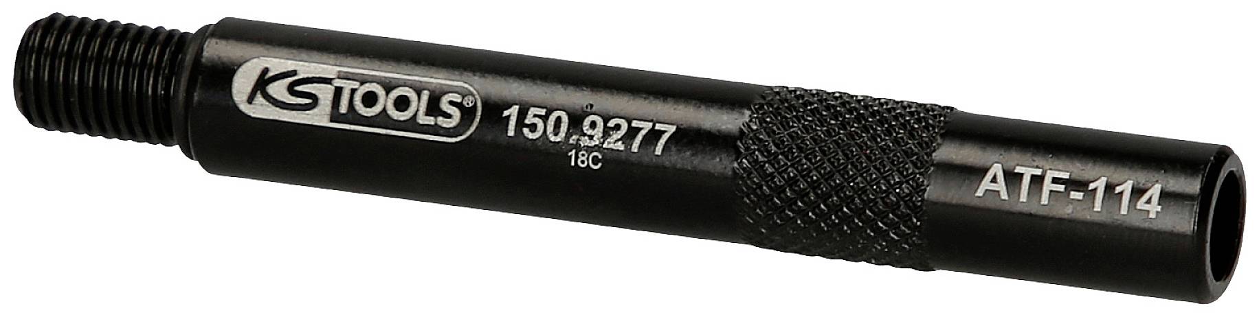 Schwarze Verlängerung mit Gewinde und gerändelter Oberfläche, Aufschrift: 'KS TOOLS 150.9277 1EC ATF-114'.