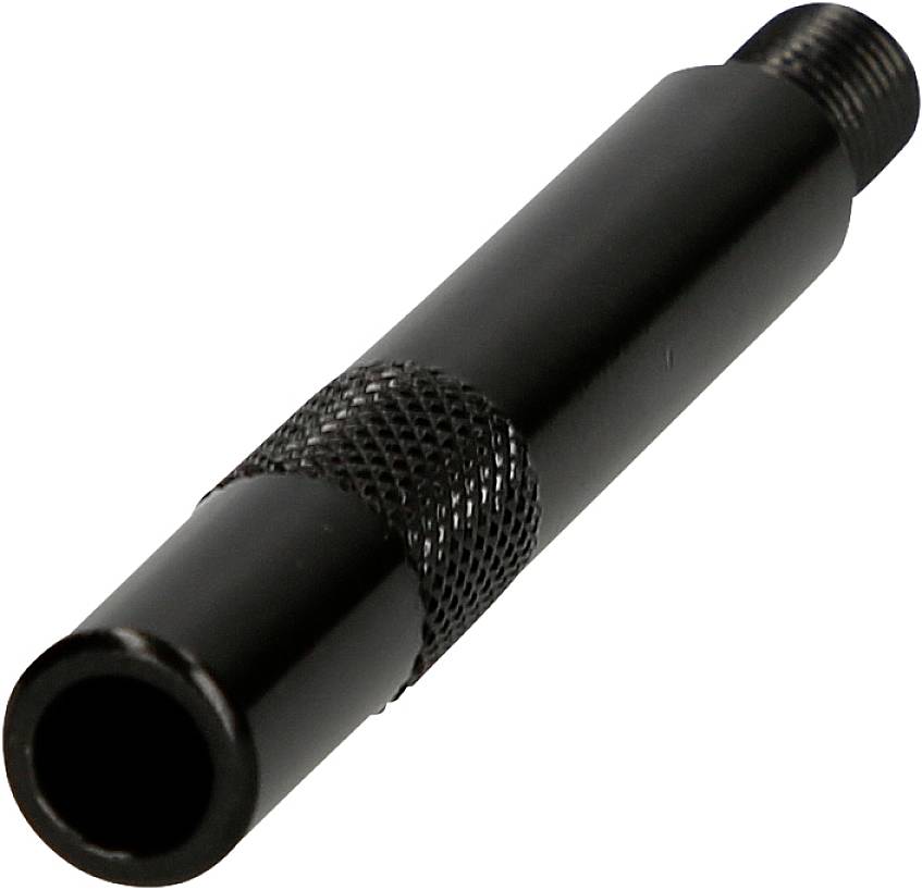 Schwarzer Adapter mit gerändeltem Griff und Gewindeende, verwendet zum Verbinden von zwei Röhren oder Kabeln in technischen Anwendungen.