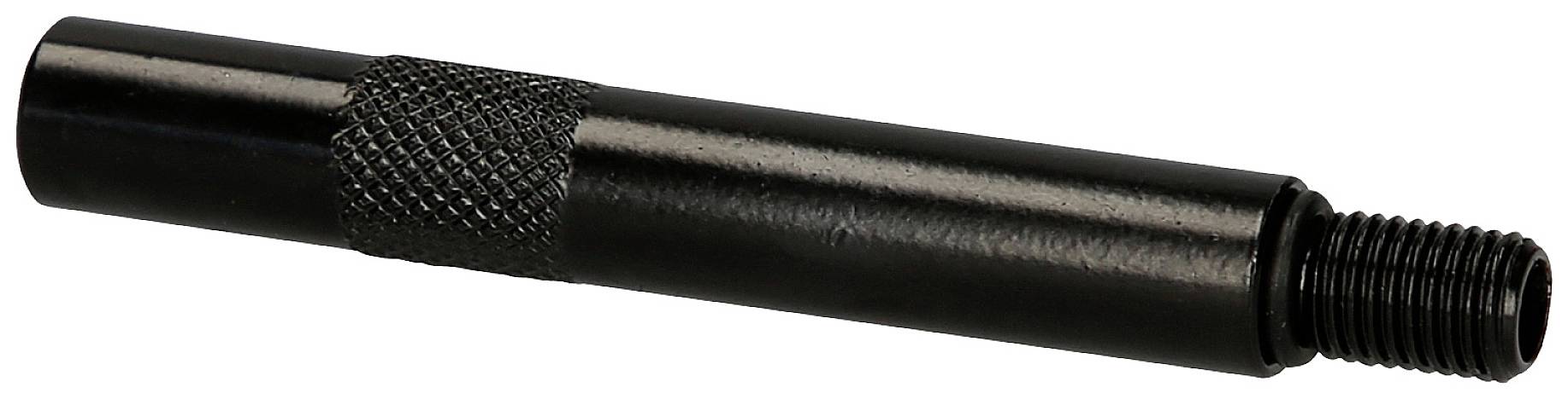 Ein schwarzes, zylindrisches Rohr mit geriffeltem Griff und Gewinde an einem Ende.