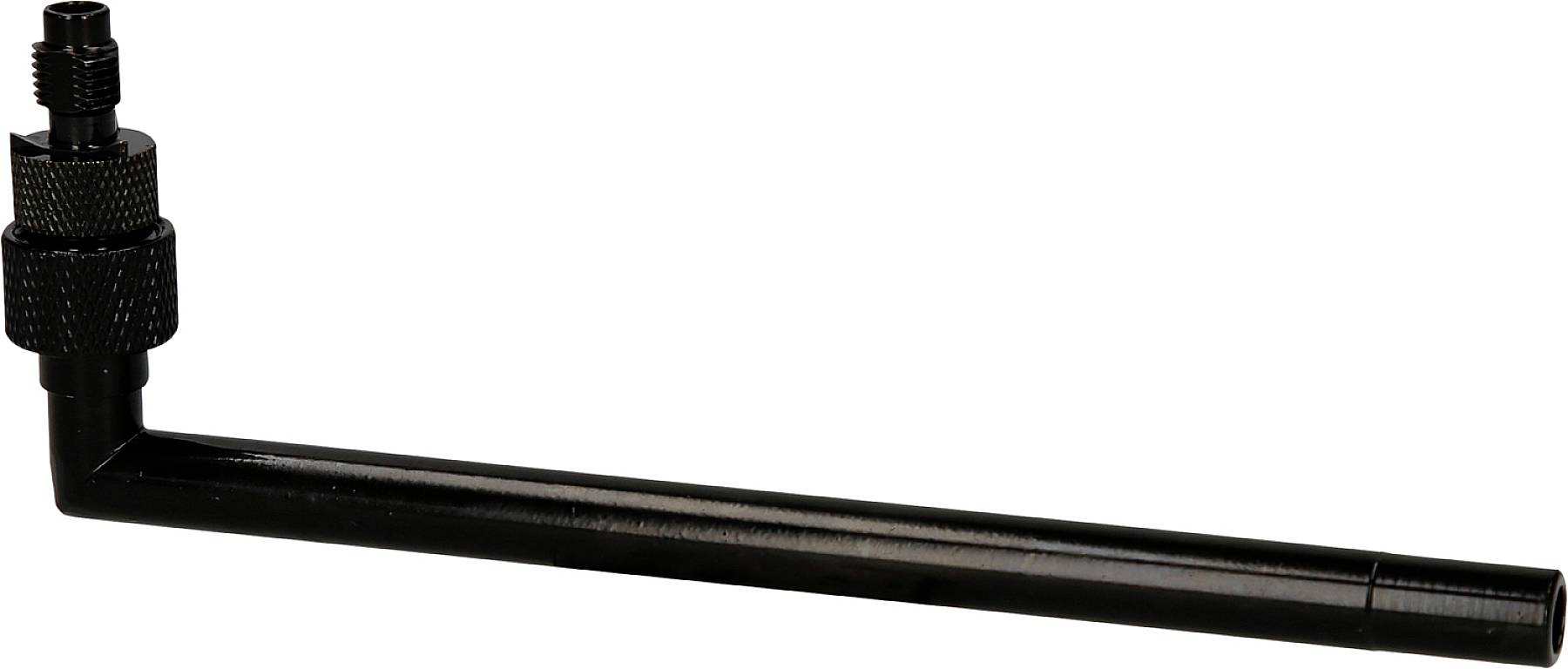 Ein schwarzes L-förmiges Werkzeug mit einem geriffelten Einstellknopf an einem Ende. Es könnte in technischen oder mechanischen Anwendungen verwendet werden.