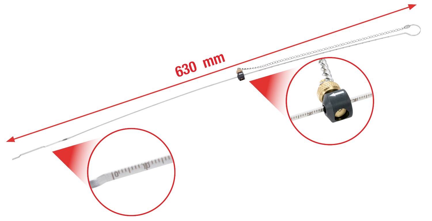 Ölmessstab mit rotem Pfeil zeigt Länge von 630 mm. Zwei Vergrößerungen zeigen Details der Maßeinteilung und des Endstücks.