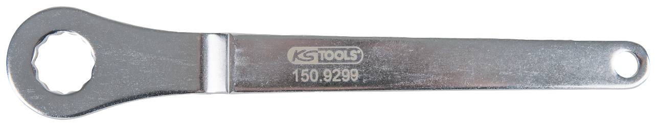 Ein silberner Ringschlüssel mit eingeprägtem Logo 'KS TOOLS' und der Nummer '150.9298', geeignet für mechanische Arbeiten.