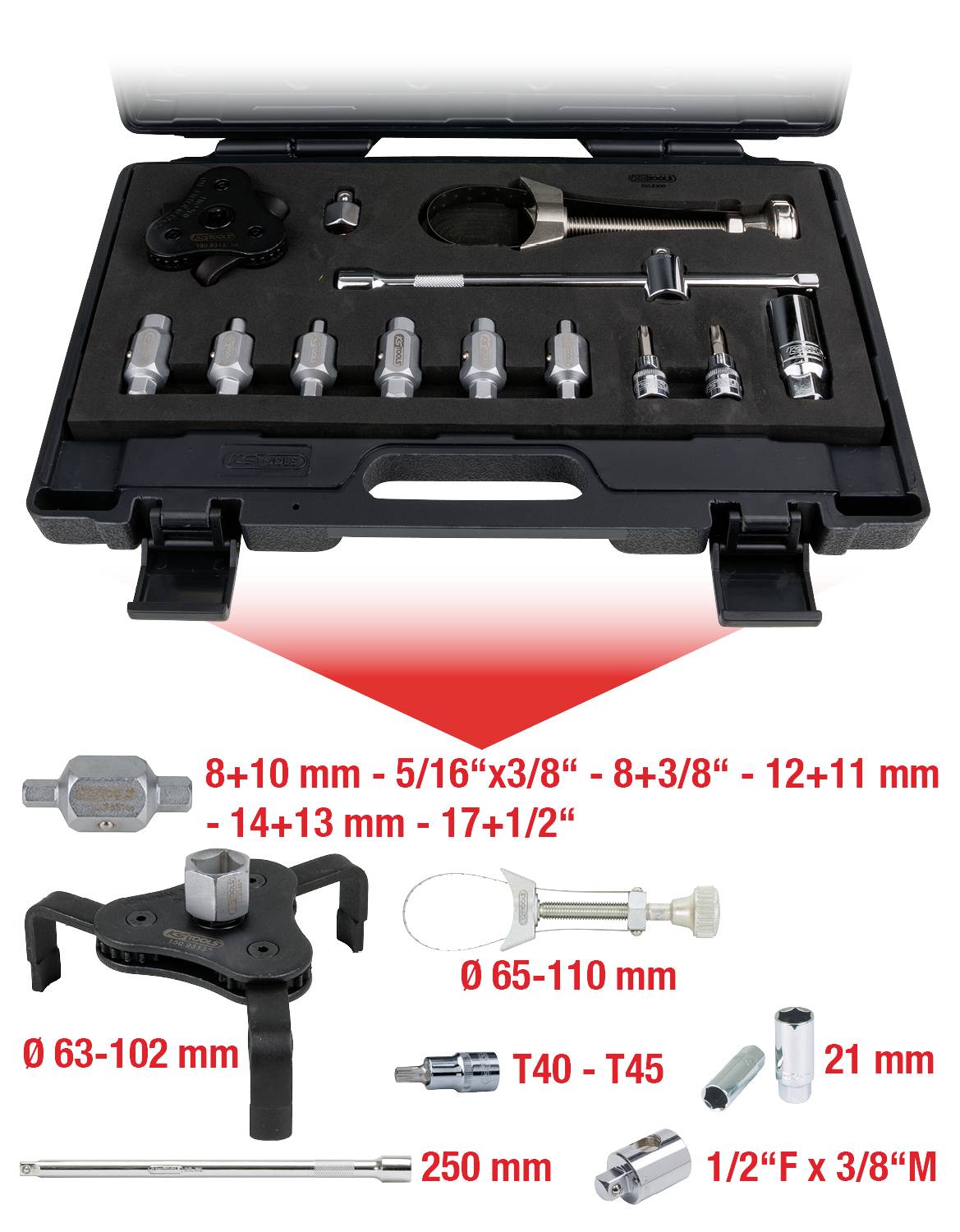 Werkzeugkoffer mit Steckschlüsseln und Zubehör. Enthält Steckschlüssel, Drehmomentschlüssel, Verlängerung, Adapter und Ölfilterschlüssel.