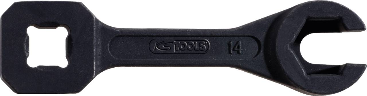 Ein schwarzer Schraubenschlüssel mit quadratischem Griff und rechteckiger Öffnung, auf dem 'Stools 14' eingeprägt ist.