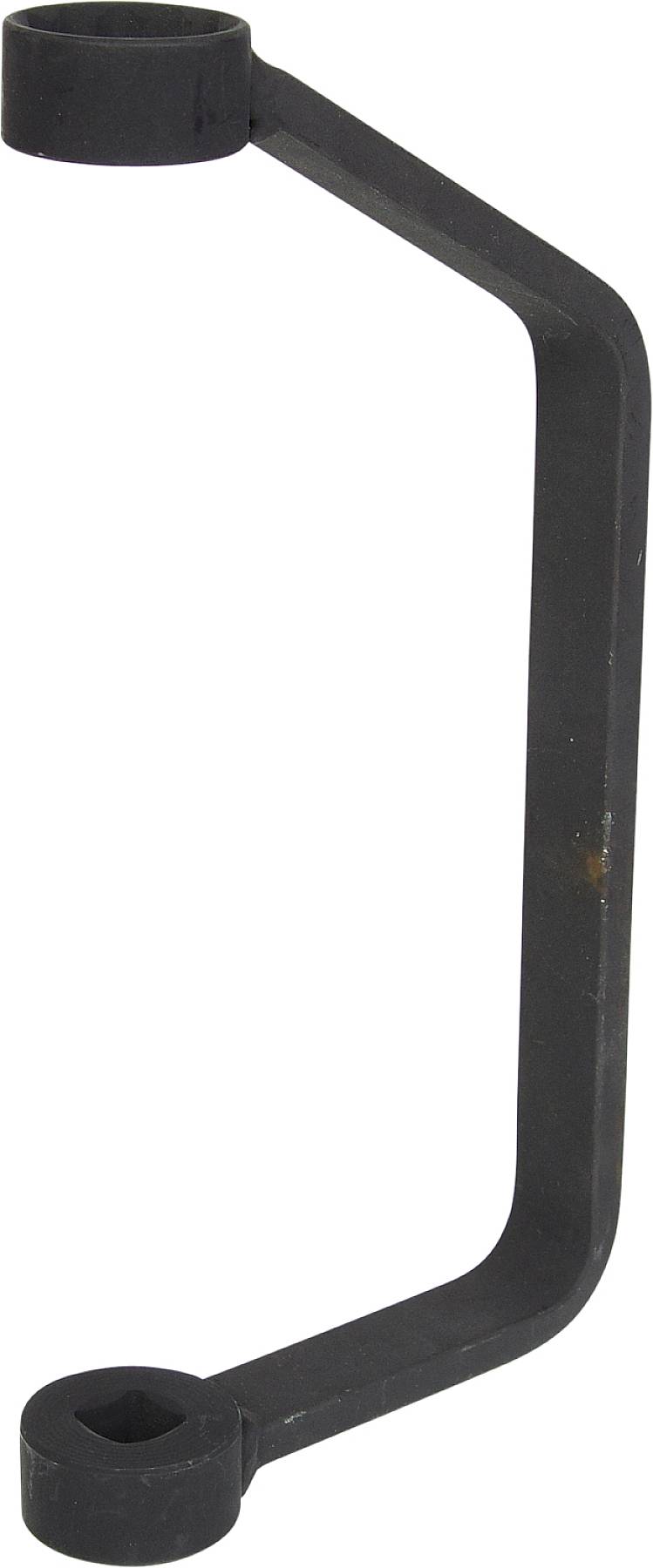 Ein schwarzer Metallschlüssel mit zwei offenen Enden in unterschiedlichen Ausführungen, vermutlich für spezifische technische Anwendungen.
