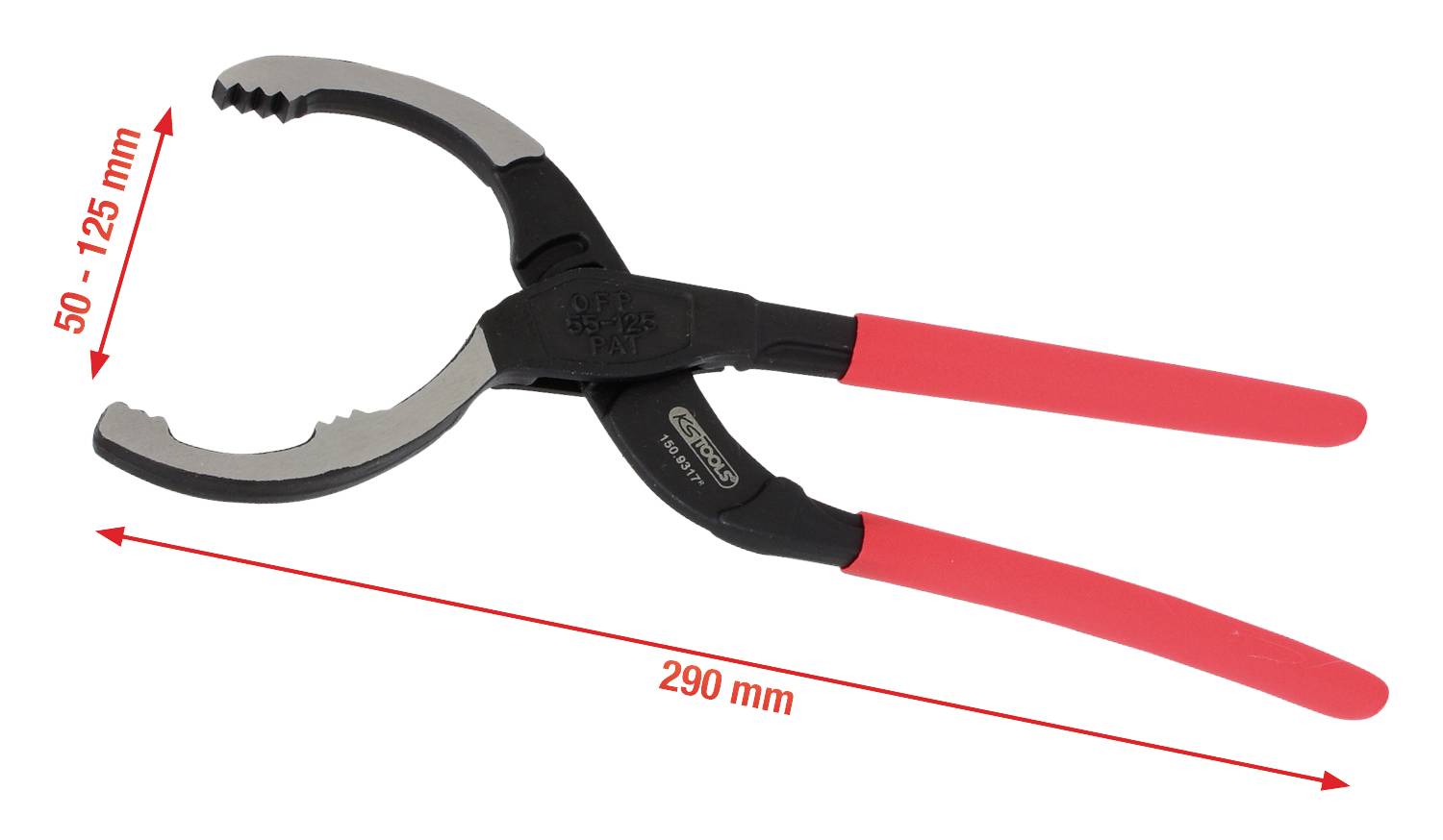 Rote und schwarze Ölfilterzange mit einstellbarer Öffnungsweite von 50 bis 125 mm und einer Gesamtlänge von 290 mm, ideal zum Lösen von Filtern.