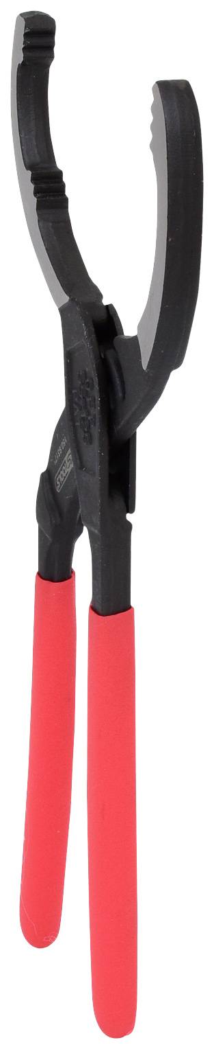 Eine schwarze Ölfilterzange mit roten Griffen, geeignet zum Entfernen von Ölfiltern in Kraftfahrzeugen.