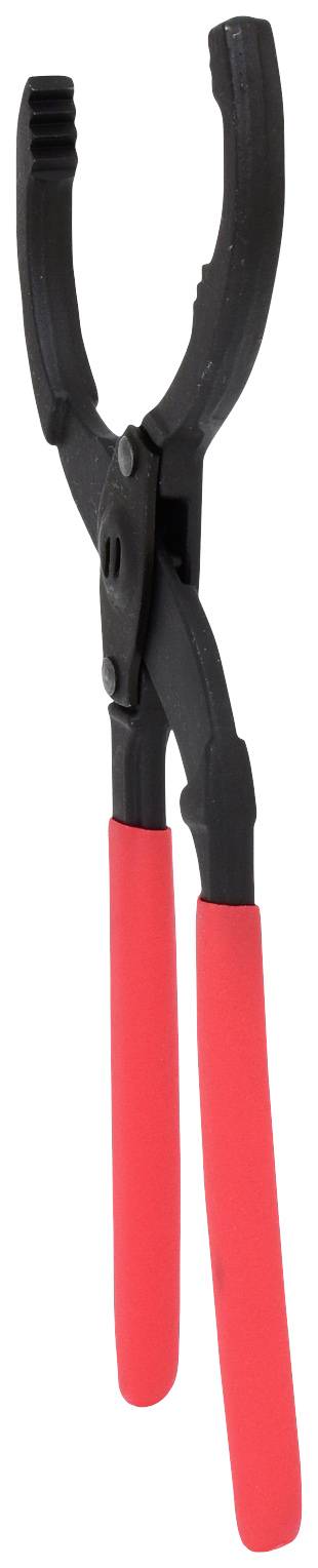 Eine Ölfilterschlüsselzange mit roten Griffen, die zum Lösen und Anziehen von runden Objekten wie Ölfiltern eingesetzt wird.