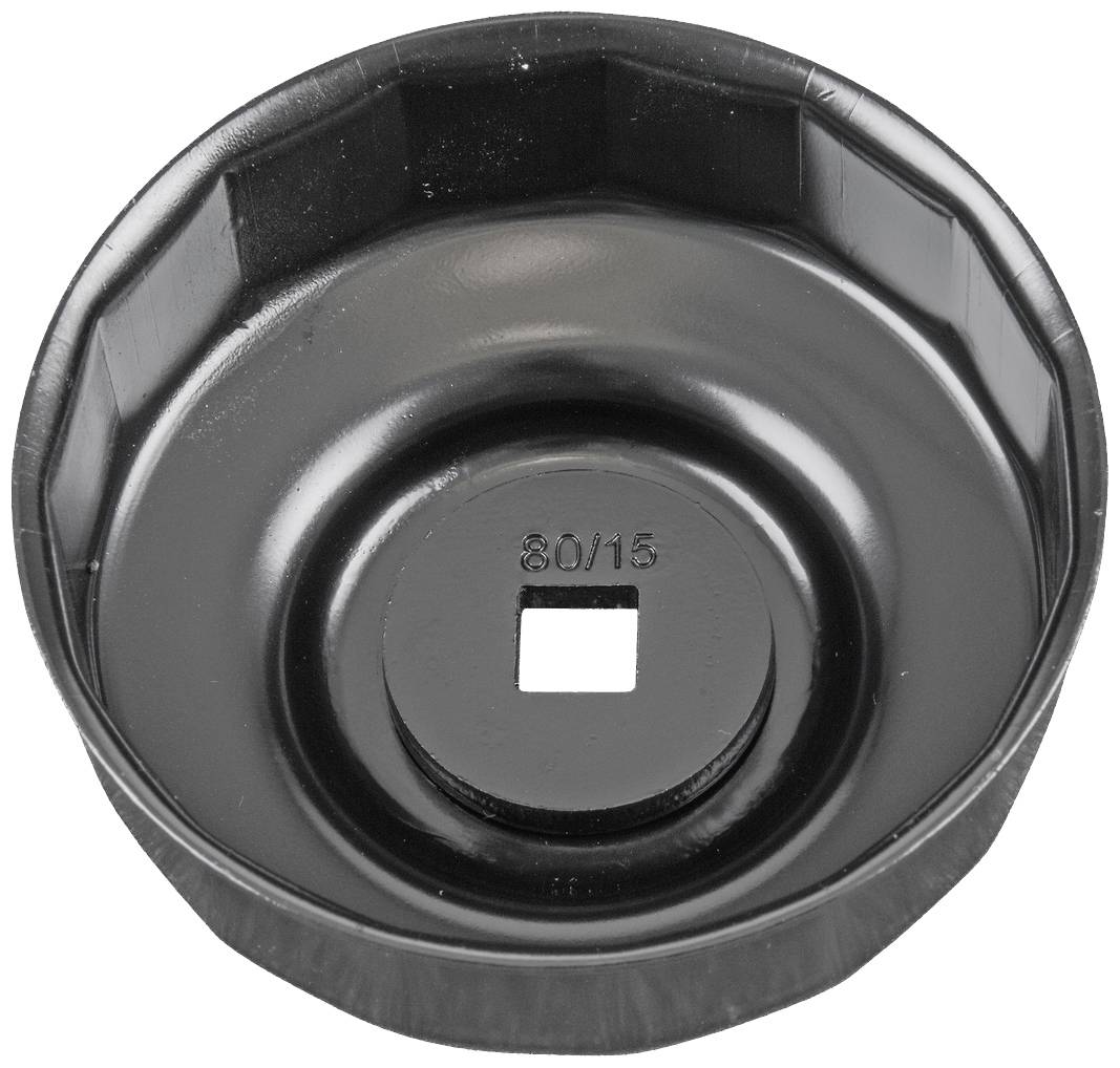 Schwarze runde Ölfilterschlüssel-Kappe mit quadratischem Schlitz in der Mitte, beschriftet mit '80/15'.