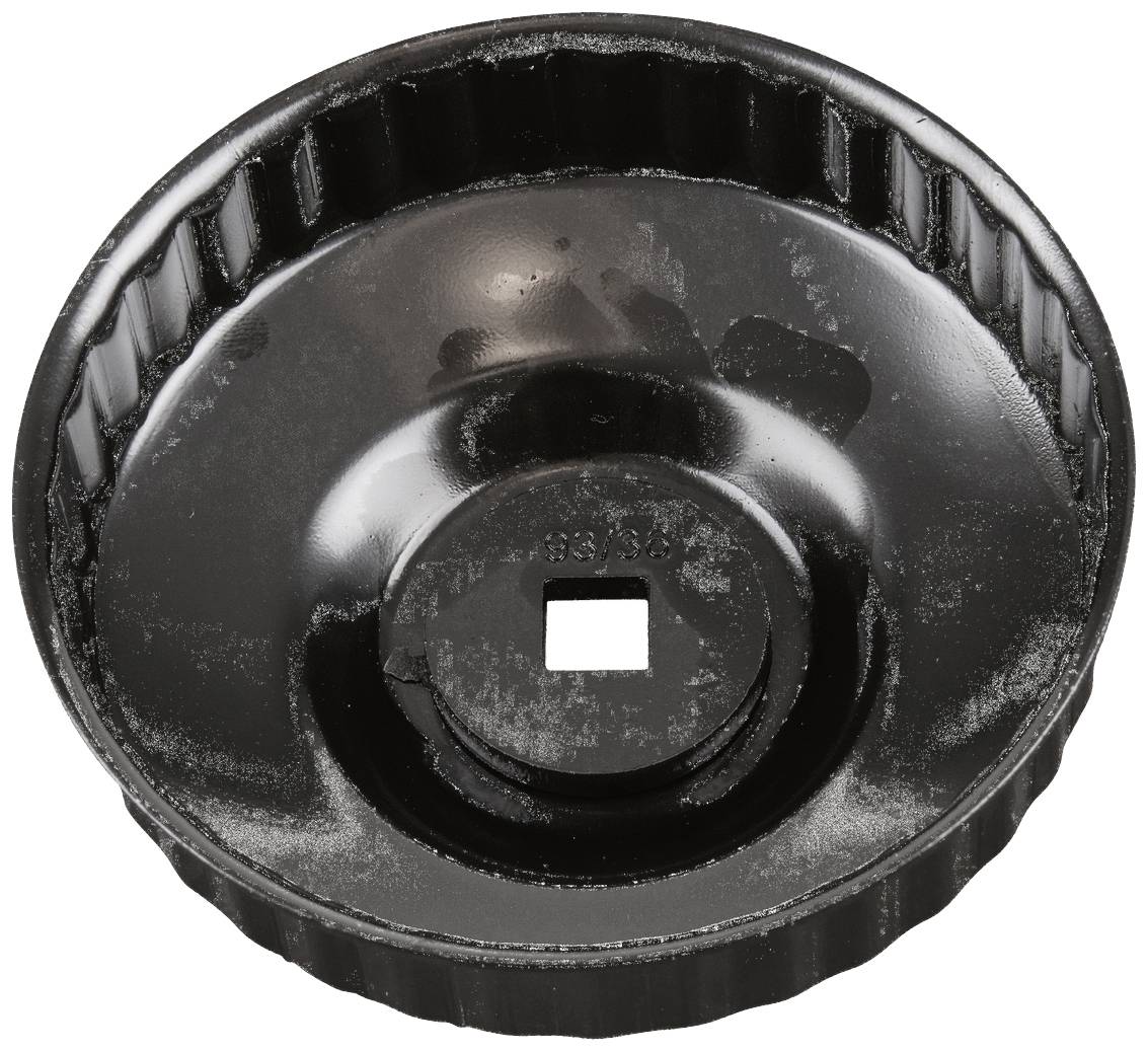 Schwarzes, rundes Metallwerkzeug mit Zahnradstruktur am Rand. Verwendet zum Entfernen von Ölfiltern bei Fahrzeugen.