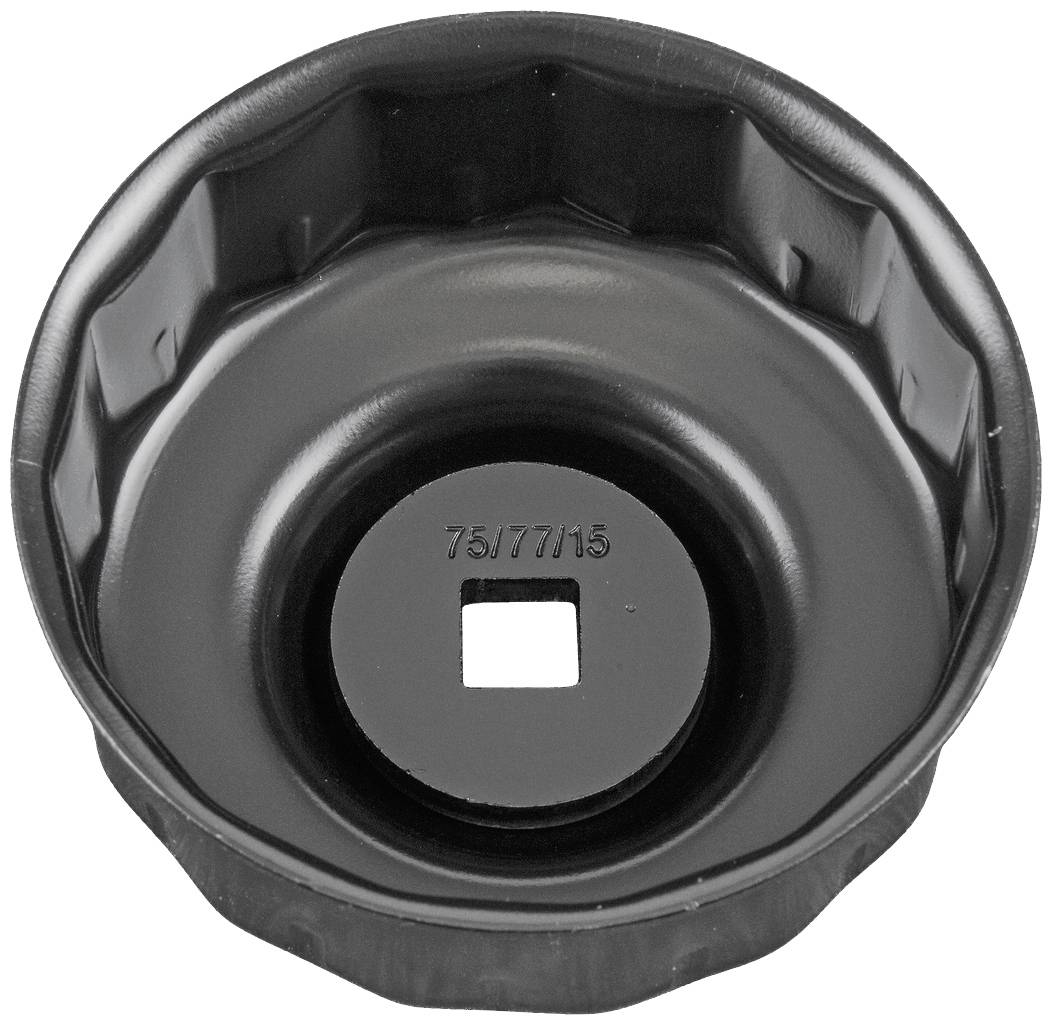 Ölfilterschlüssel aus Metall mit quadratischer Öffnung in der Mitte und geriffeltem Rand, geeignet für Filter mit Durchmesserangabe 75/77/15.