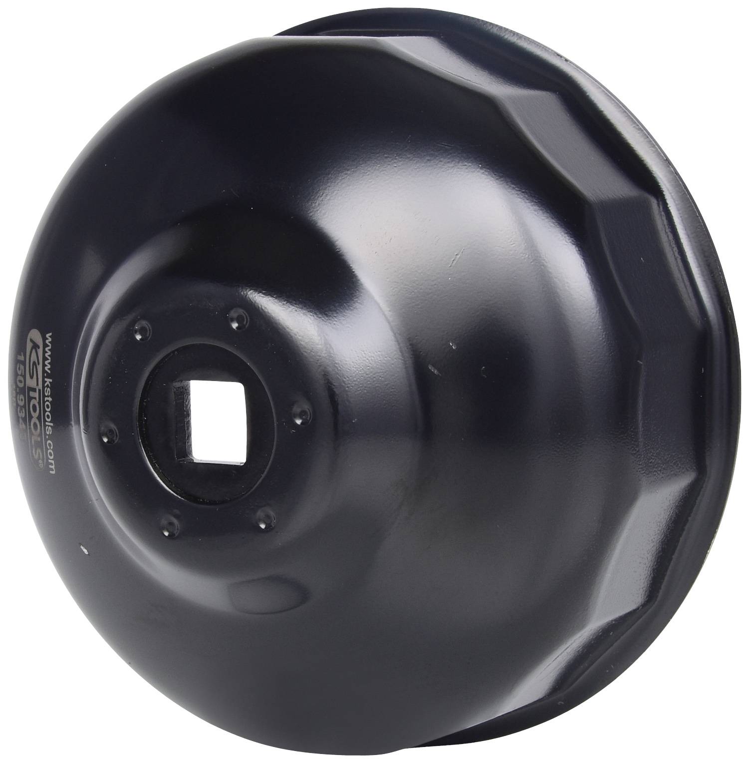 Schwarze Metallglocke mit quadratischer Öffnung in der Mitte, verwendet für mechanische Anwendungen oder als Teil eines Werkzeugs.