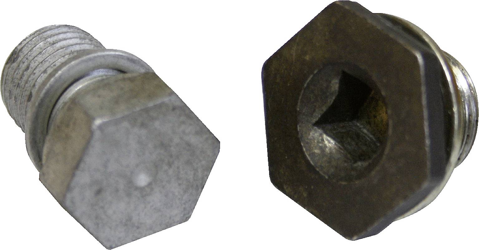 Zwei sechseckige Schrauben aus Metall, eine stehend und eine liegend, mit Innengewinde.