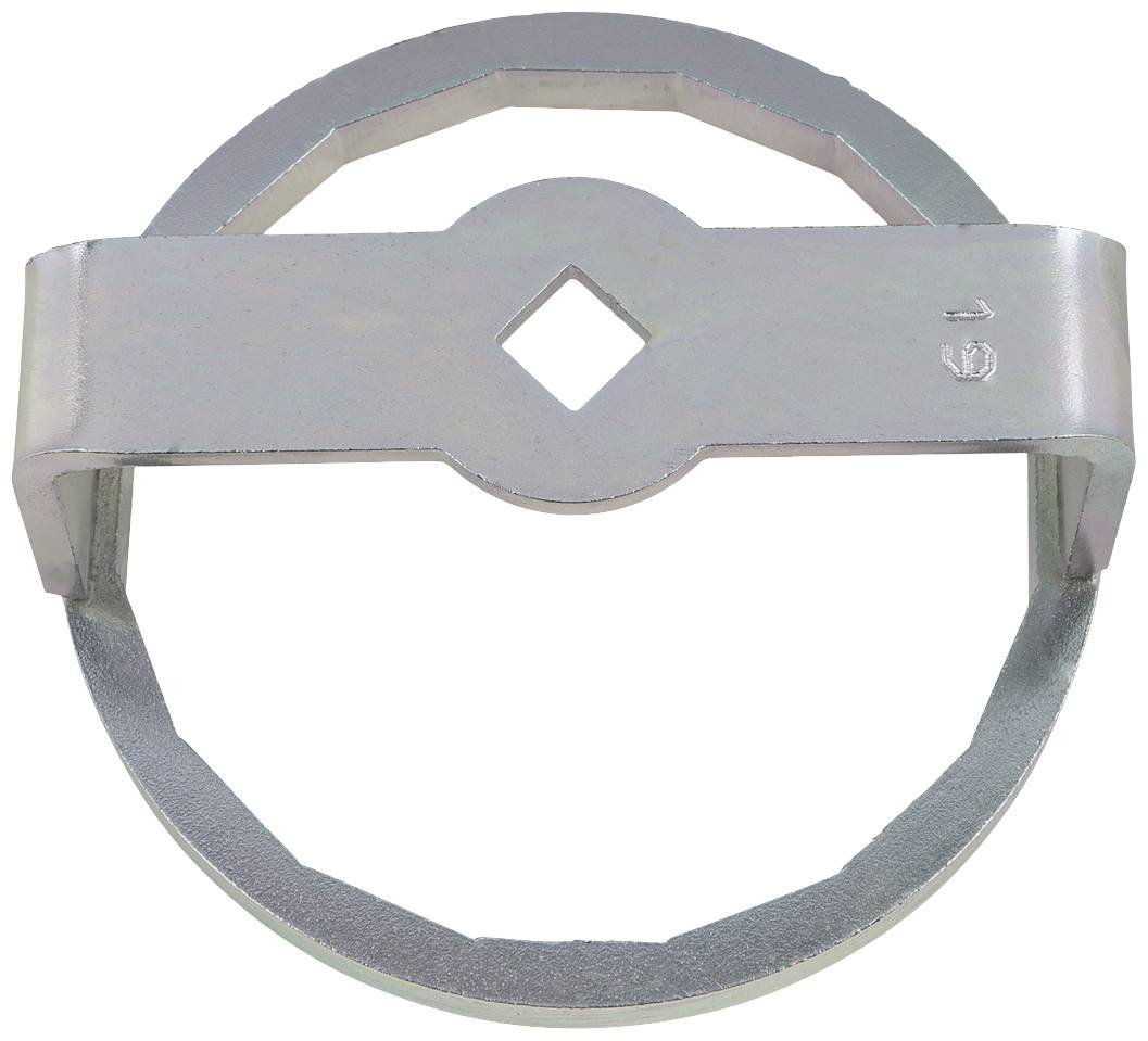 Ein silbernes Werkzeug zum Lösen von Ölfiltern, rund und aus Metall, mit einer zentralen Öffnung in Form eines Quadrats.
