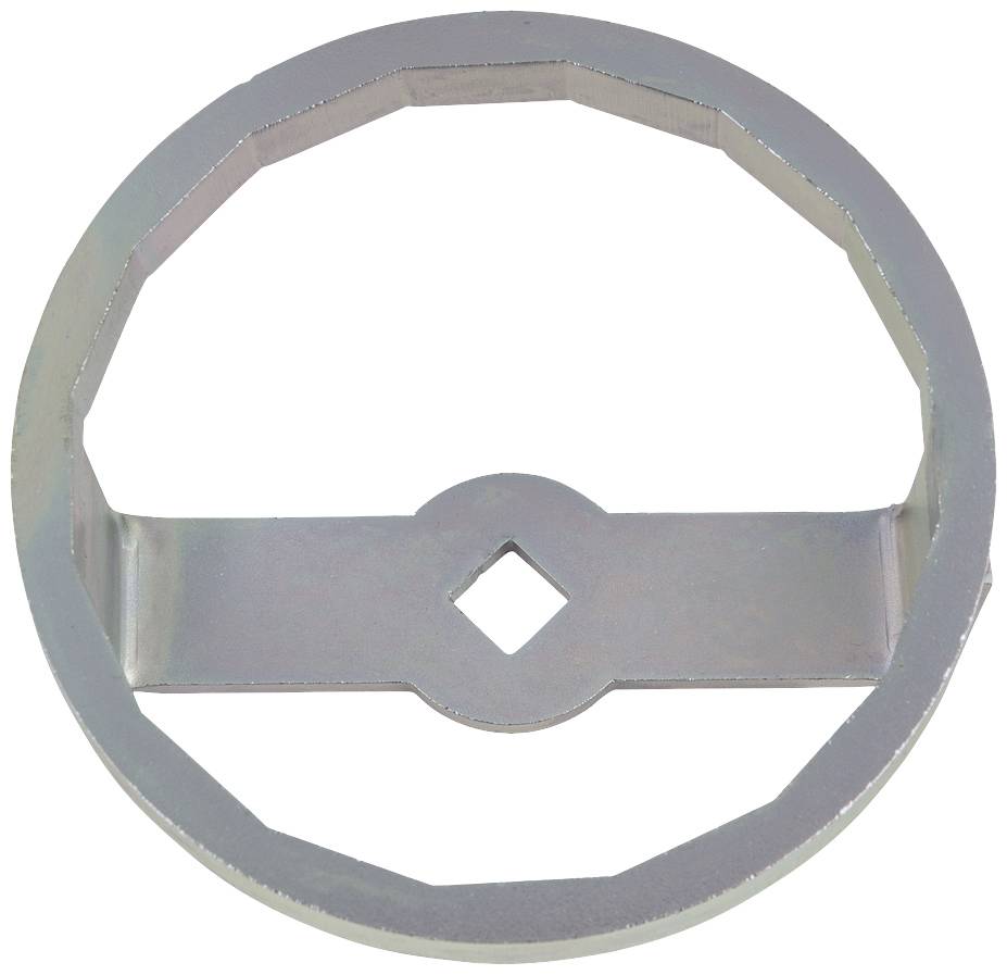 Ein achteckiges Metallwerkzeug mit mittigem, quadratischem Loch, wahrscheinlich zum Lösen oder Festziehen von Schwerverbindungen.