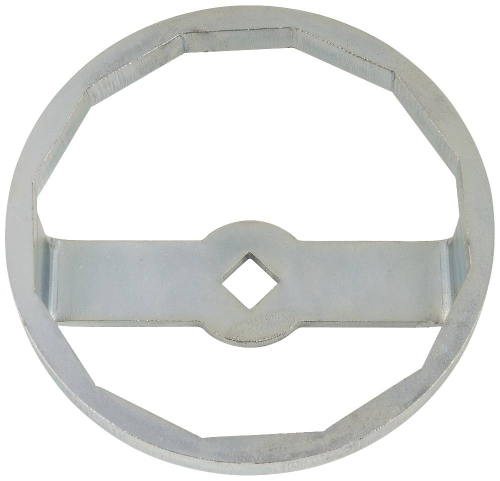 Metallring mit achteckiger Außenkante und Kreuzstütze in der Mitte. Verwendet als spezifisches Werkzeug oder Bauteil.