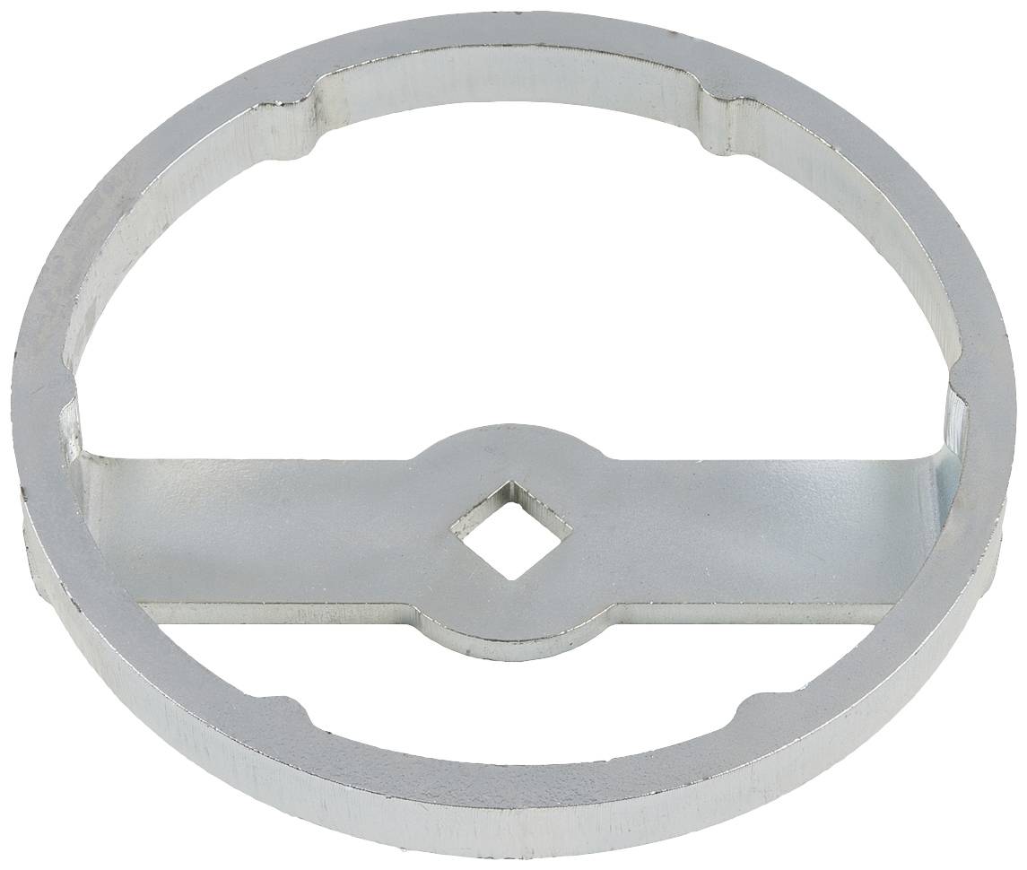 Ein runder, metallischer Mechanik-Schlüssel mit einem Querbalken und mittigem diamantförmigen Loch, möglicherweise für spezielle Hebel.