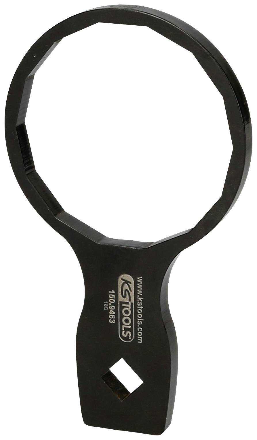 Ein schwarzer Schraubenschlüssel mit gezacktem Ring, speziell geformt für mechanische Arbeiten. Aufschrift: 'KS Tools'.