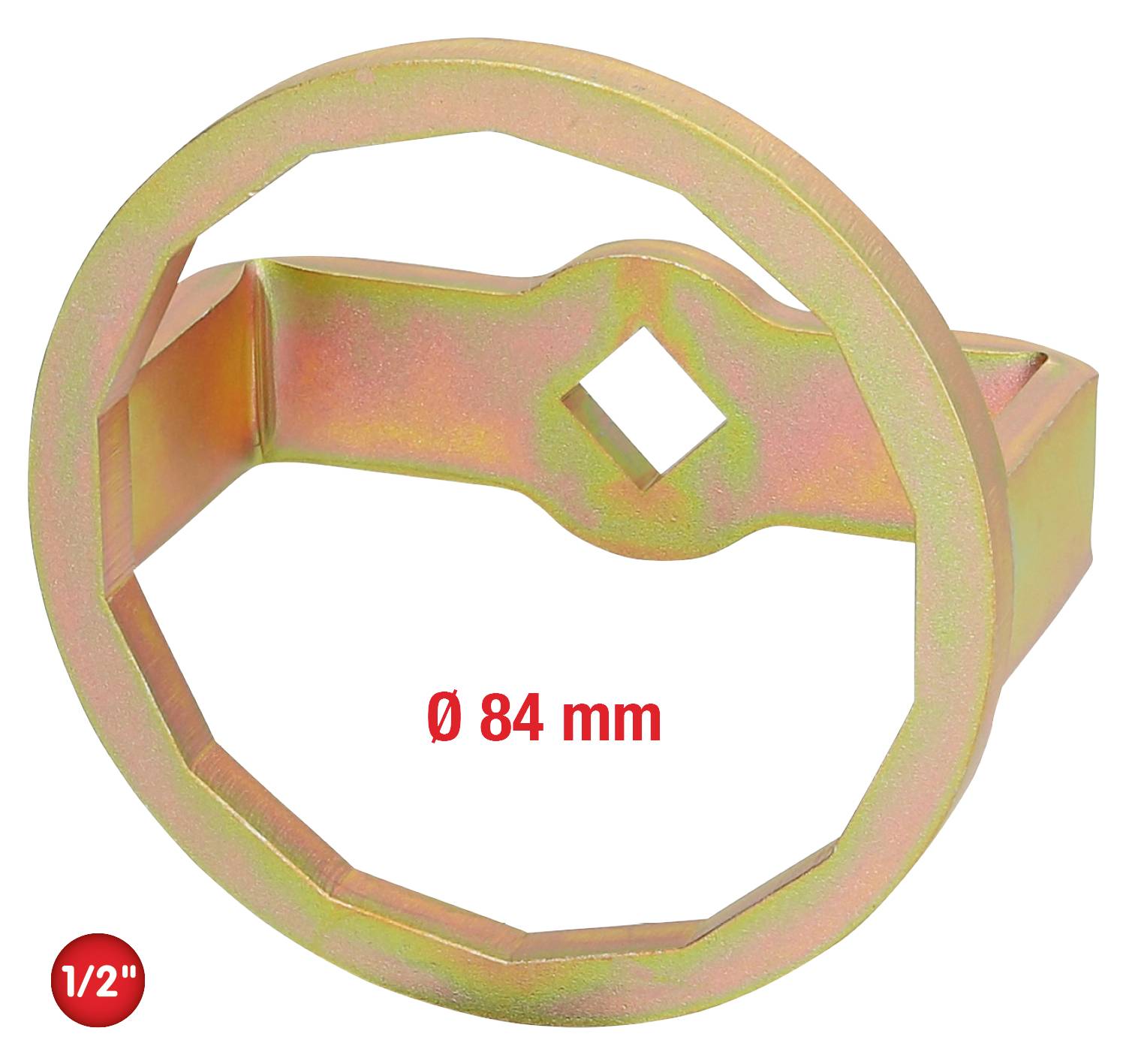 Rundes Metallteil mit Durchmesser von 84 mm und 1/2 Zoll Anschluss. Enthält eine quadratische Öffnung in der Mitte.