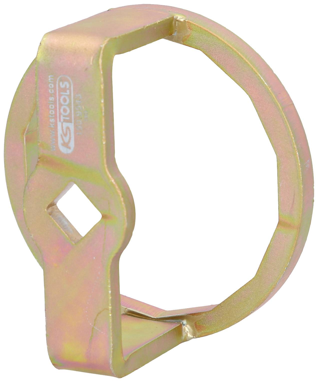 Ein gelbes Metallwerkzeug zum Festziehen oder Lösen von Muttereilen, mit hexagonalem Design und seitlich eingravierten Markierungen.