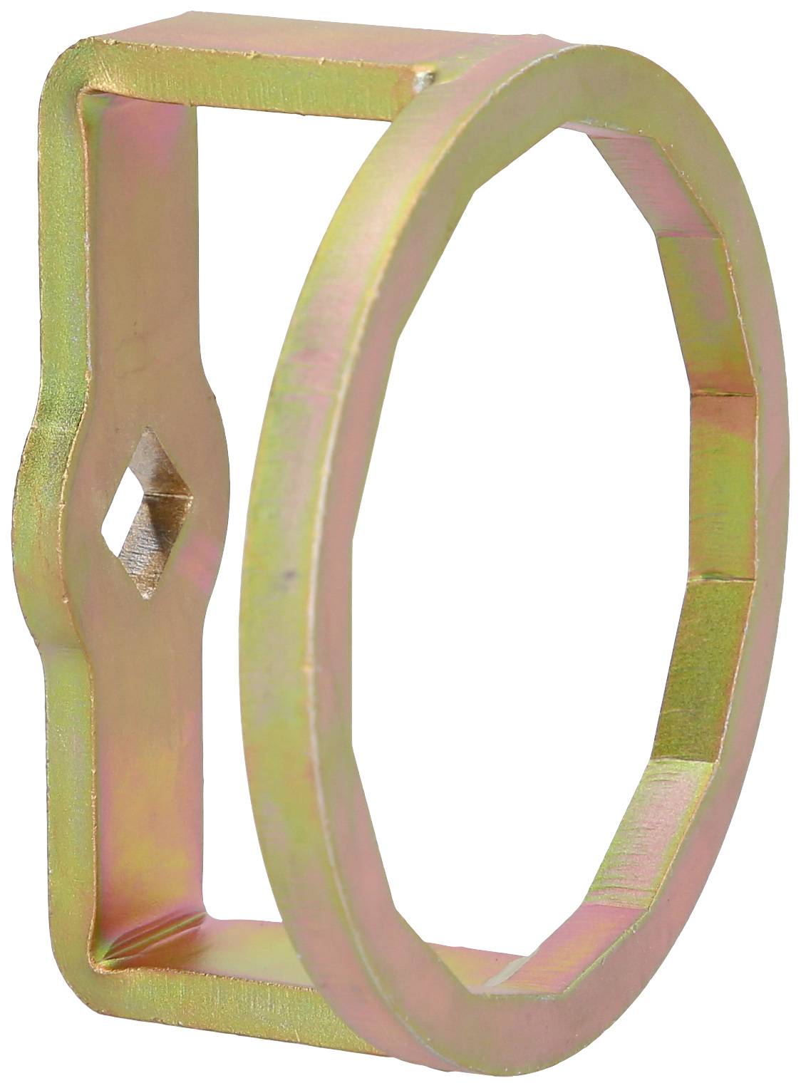 Metallisches, achteckiges Werkzeug mit einer rechteckigen Öffnung; möglicherweise ein Spezialwerkzeug zur Anwendung in der Mechanik.