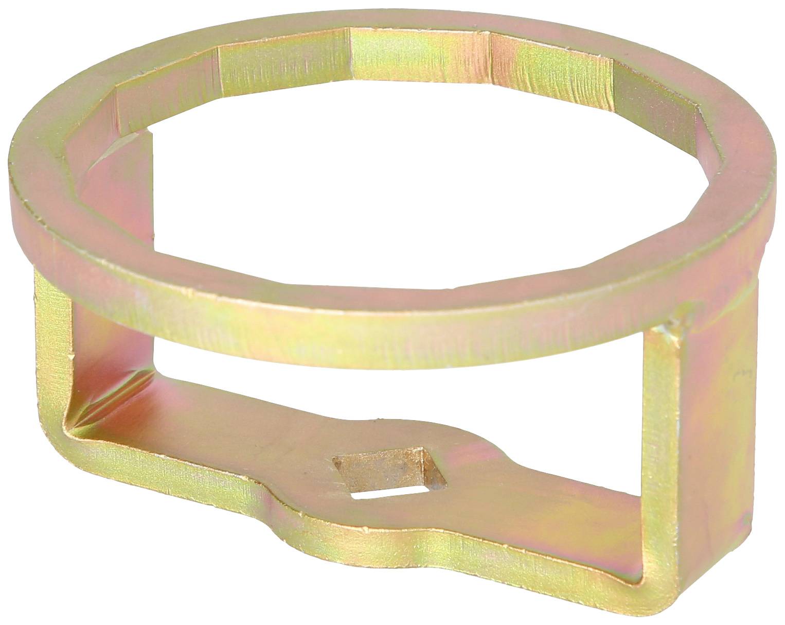 Ein kreisförmiges Metallwerkzeug mit eckigen Kanten und einer quadratischen Öffnung an der Unterseite, wahrscheinlich für eine spezielle mechanische Anwendung.