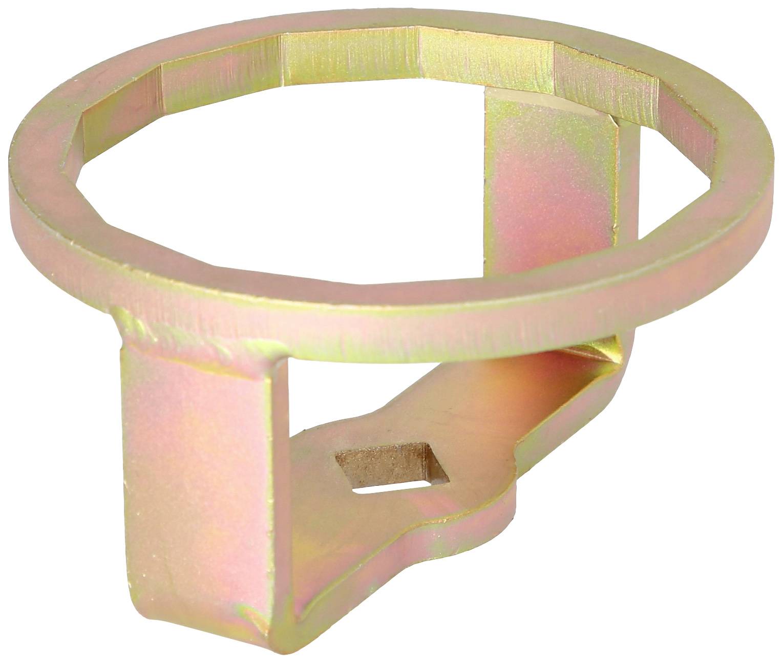 Metallischer Ring mit rechteckiger Halterung, verwendet für technische Anwendungen oder als Befestigungselement.