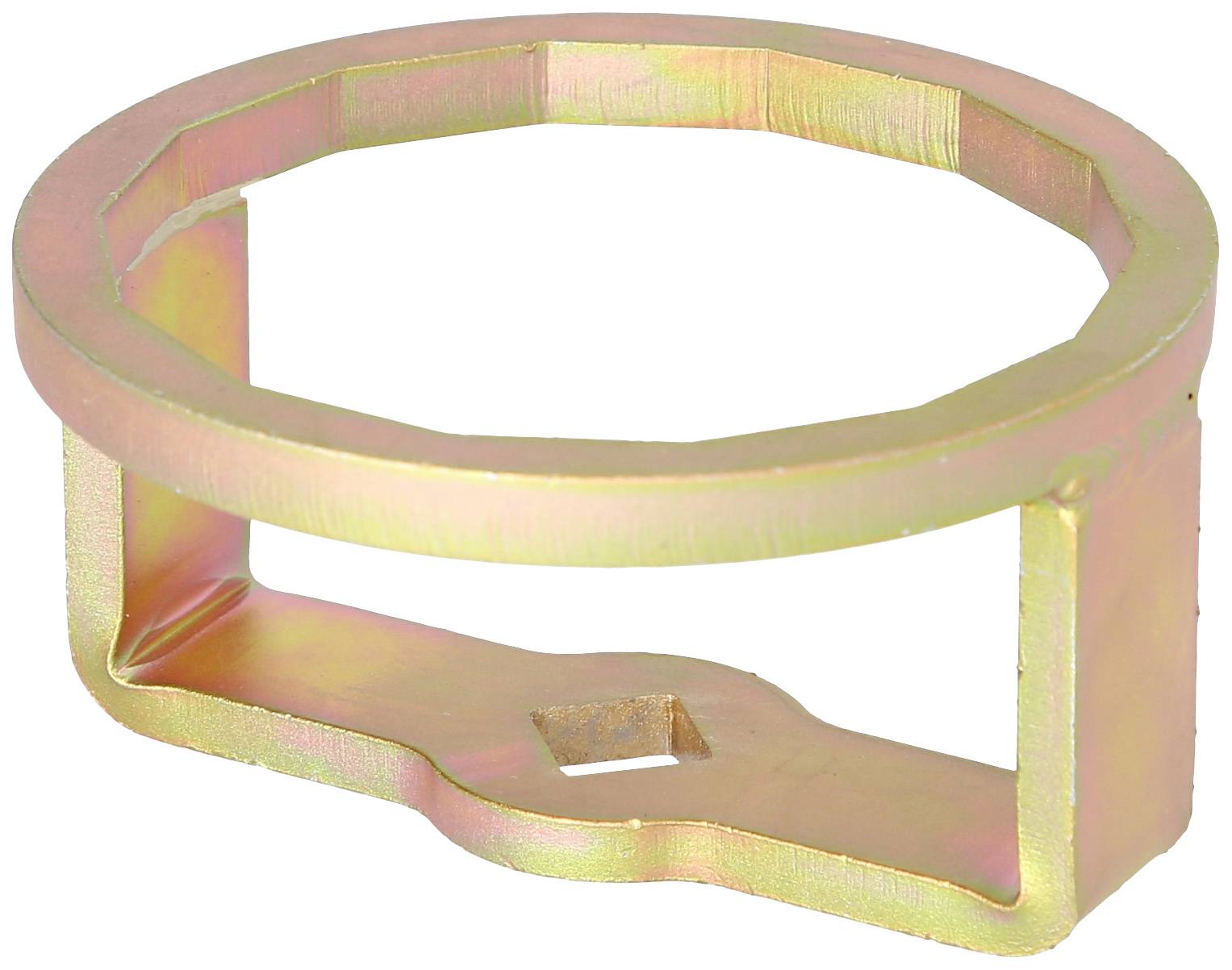 Metallischer Ring mit rechteckigem Sockel, offenem oberen Rand und zentraler quadratischer Öffnung, möglicherweise ein Werkzeugteil.